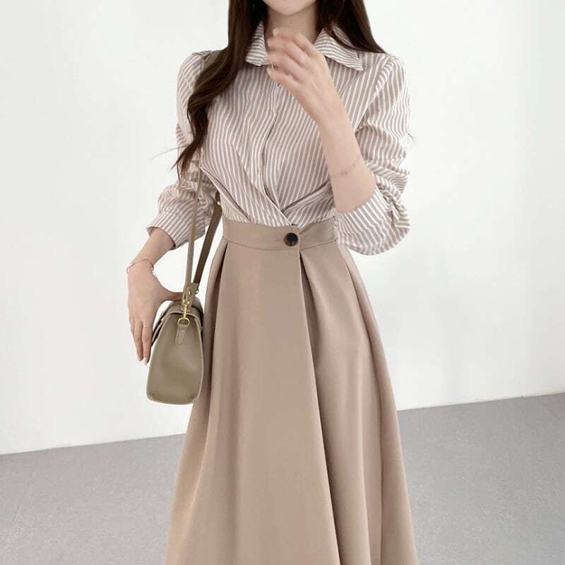 ワンピース 2色展開 シャツワンピース ストライプ柄 ロングワンピース 通勤 ダークベージュ ネイビー Dresszone ワンピース 2色展開 シャツワンピース ストライプ柄 ロングワンピース 通勤 ダークベージュ ネイビー Dresszone