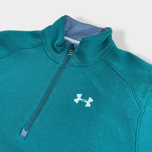 【UNDER ARMOUR】XL ビッグシルエット 刺繍ロゴ バックロゴ ハーフジップ スウェット プルオーバー アンダーアーマー COLD GEAR ディープグリーンUS古着