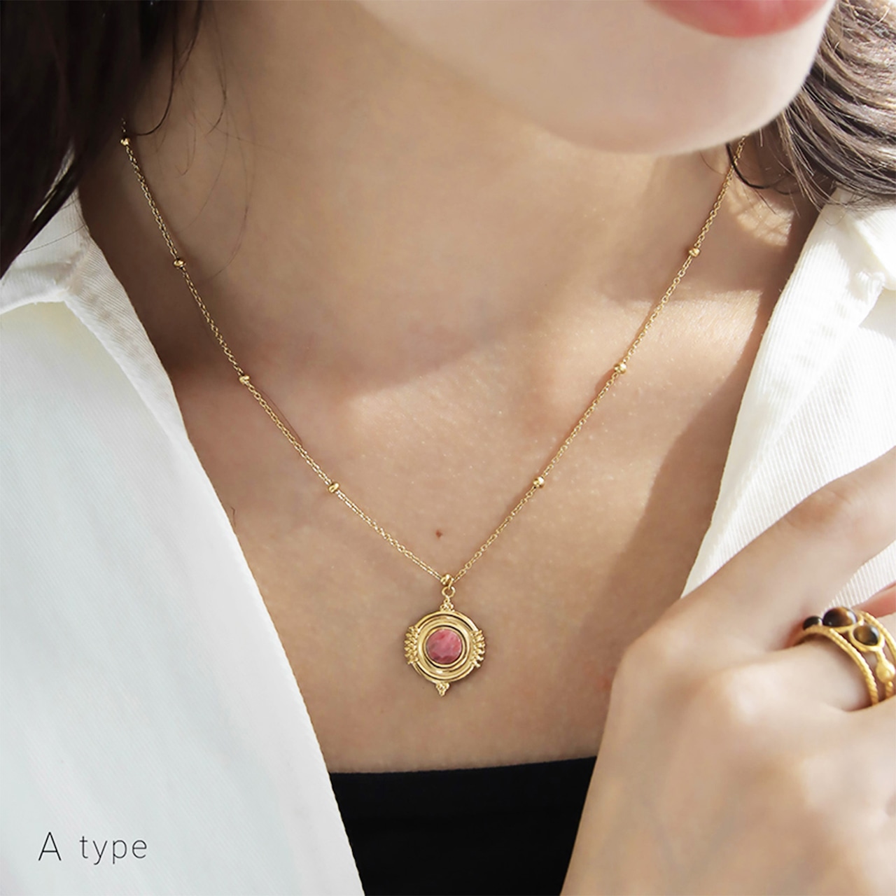 【ネコポス便】ネックレス パワーストーン ロードナイト ペンダントネックレス 14K 金属アレルギー対応 ステンレス レディース 2381