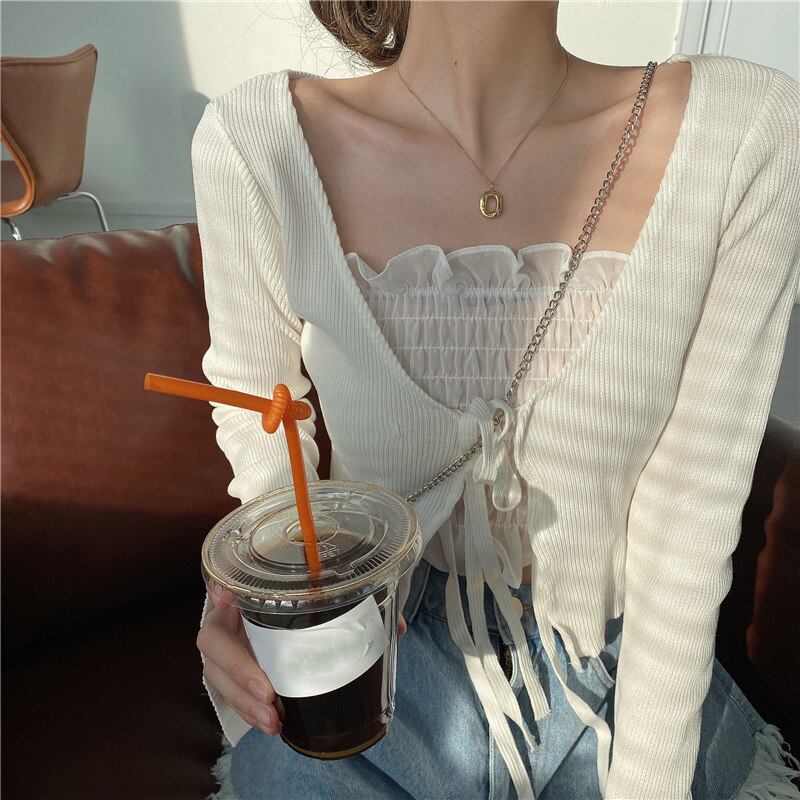 ホワイトシンレースニットスモールカーディガンレディース初秋長袖2020新作ワイルドショートコートルーズトップ ブラックストロベリース3497098795