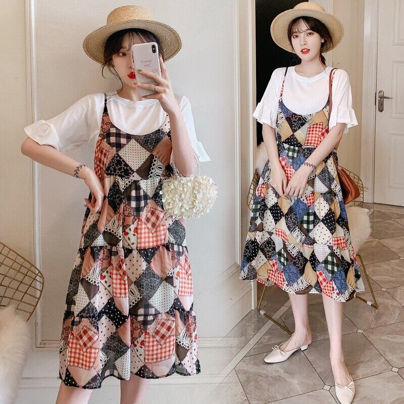 【新作】【送料無料】 8020＃Tシャツ+ドレスマタニティ服ルーズスタイリッシュ半袖シフォンドレス妊婦ママドレス ショート ハーフスリーブ AL expec324440160528