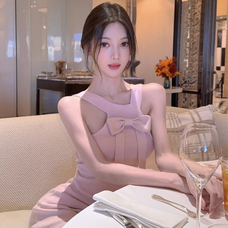 【dress】リボン付きホルターネックニットワンピース Q7374