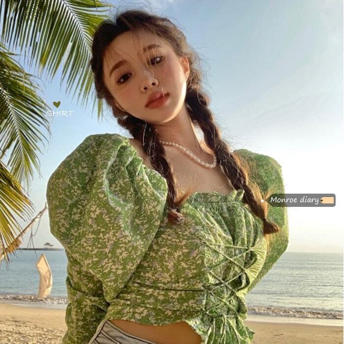 グリーンフローラルシャツ ショートトップス サマースタンダード ロング レトロ 夏物 花柄 モンロー58143489513