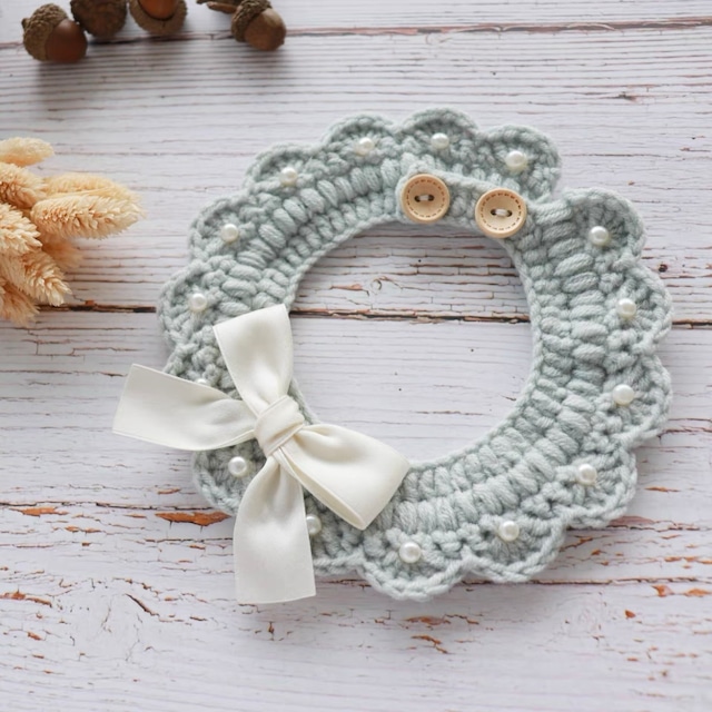 ニットパールリボンチョーカー 猫 首輪 付け襟