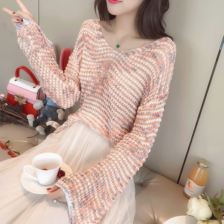 トップス レディース ニット セーター プルオーバー 長袖 トランペットスリーブ Vネック 透け感 かわいい 大人可愛い きれいめ シンプル カジュアル 大人 おしゃれ お洒落 こなれ感 ラブリー キュート 個性的 主役級 存在感 抜け感 ボーダー ストライプ 春 秋 冬 10代 20代 30代 40代 通勤 学生 通学 デート お出かけ 女子会 休日 着回し 普段使い 韓国 韓国系 送料無料 ファッション コーデ スタイル モテ 体型カバー トレンド 流行 フリーサイズ オレンジ グレー グリーン