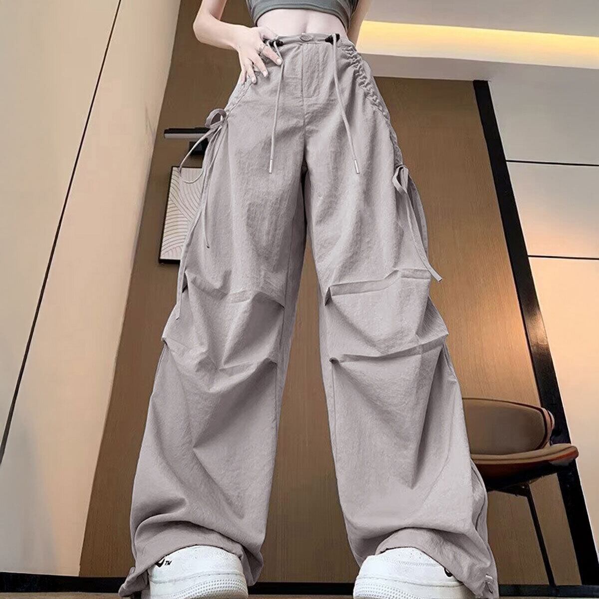 カーゴパンツ ワイドパンツ ドローストリング グレー カーゴパンツ ストリート感抜群！ドローコード ワイドパラシュート