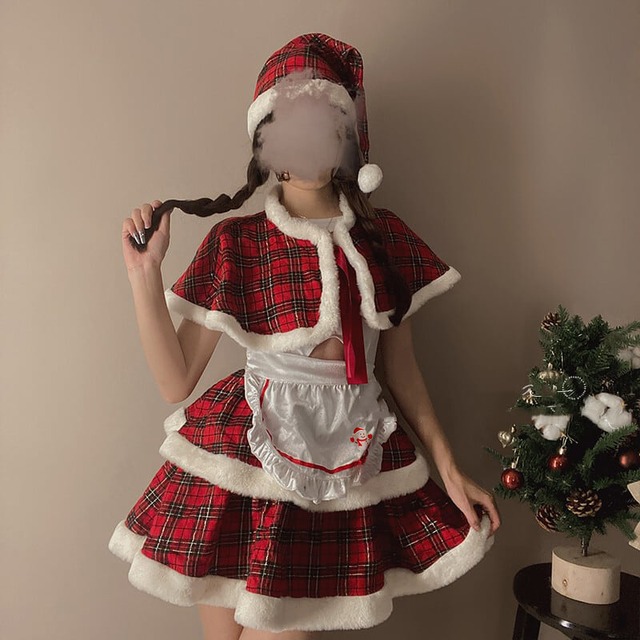 （4点セット）クリスマス メイド服 チェック柄 コスプレ リボン コスプレ ワンピース68281901