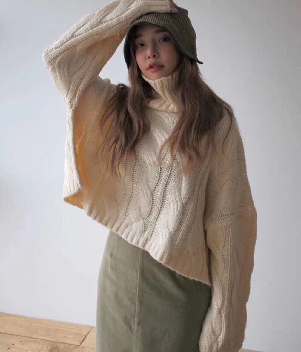 タートルネックケーブル編みニット