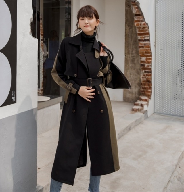 トレンチコート ロングコート レディース アウター お洒落 バイカラー デザイン コート ジャケット 大きいサイズ 韓国 トレンド 秋冬新作 秋 秋色 秋服 秋sale トレンチコート ロングコート Leaflower 001 リーフラワー レディースファッション専門店