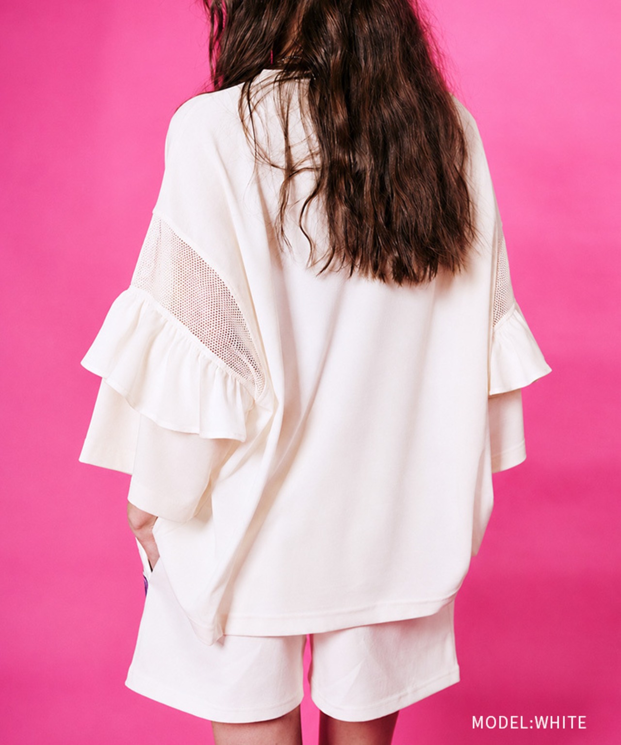 メッシュ&フリルスリーブルーズTシャツ (WHITE)　CQ-48136