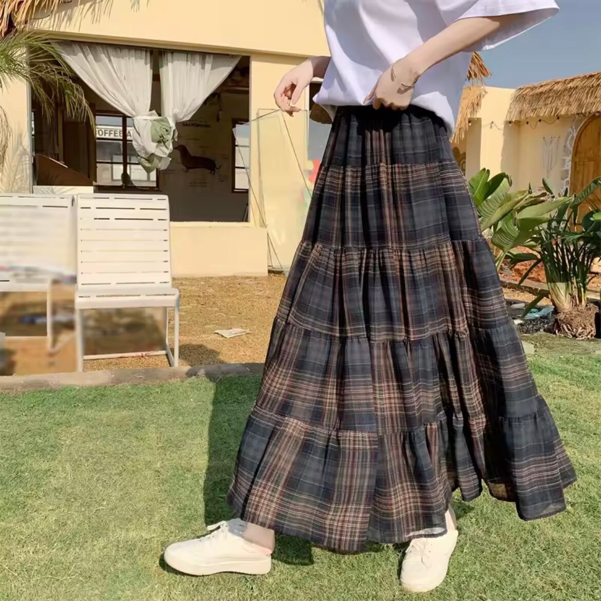 brown check chiffon skirt