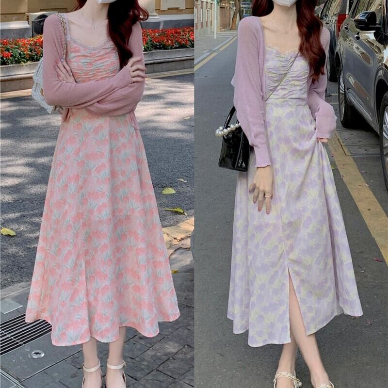 セットアップ レディース 2色 カーディガン キャミソールワンピース ミモレ丈 ノースリーブ 長袖 Vネック フレア 細身 Xライン レース ウエストマーク かわいい 大人可愛い きれいめ カジュアル 上品 エレガント 清楚 フェミニン おしゃれ 綺麗 お嬢様 セクシー おとな ナチュラル こなれ感 キュート ガーリー レトロ 花柄 学生 通学 デート お出かけ 女子会 リゾート 旅行 フリーサイズ ピンク パープル 春 夏 2点セット 10代 20代 30代 ママ 韓国系 体型カバー モテ 送料無料