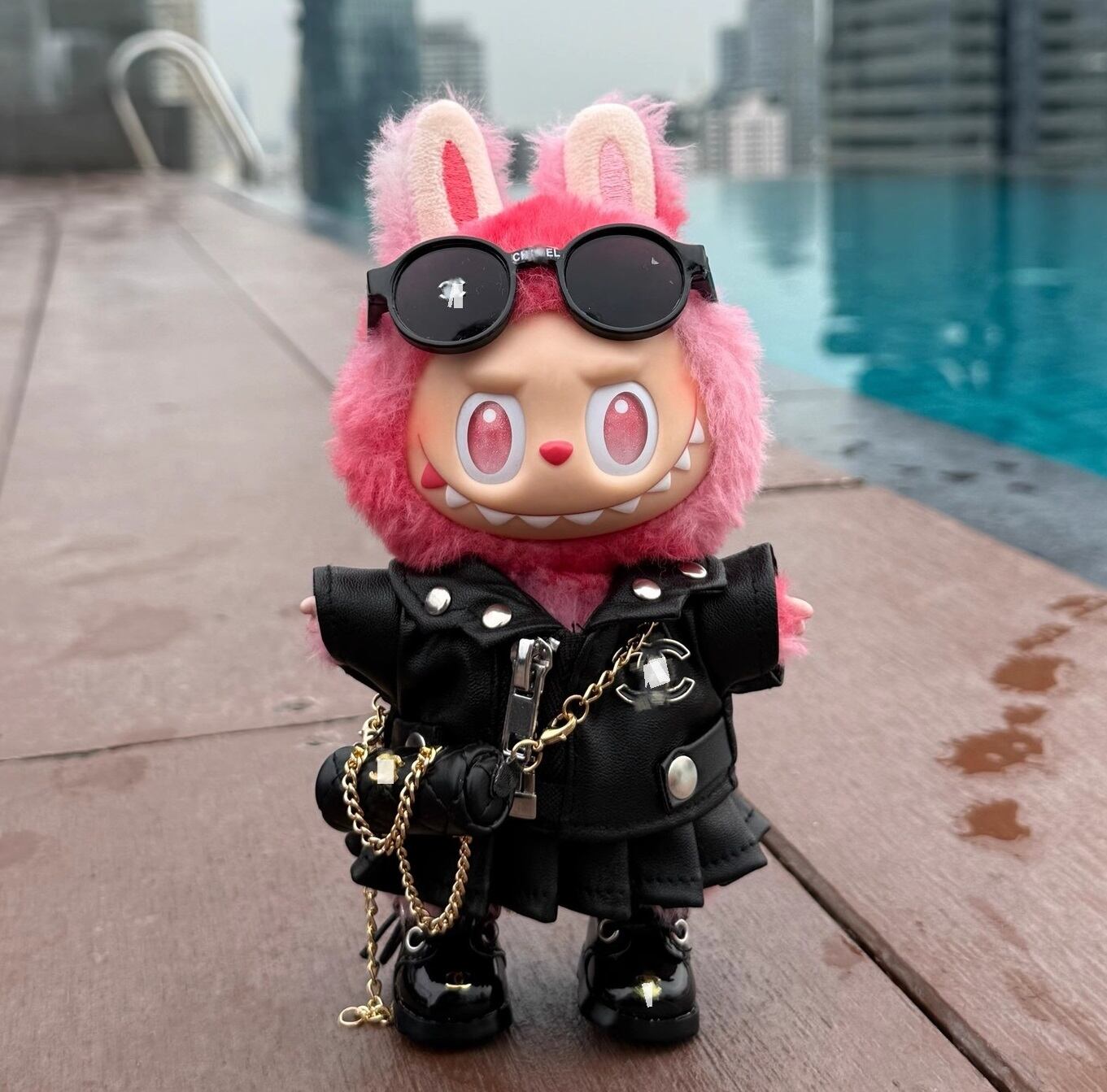 Labubu 1～3代対応 パンク風 レザージャケット+スカート+バックパック+