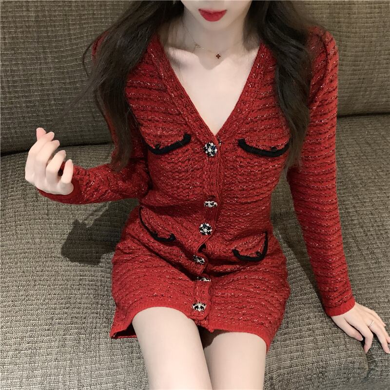 ドレス Vネックウェストスリムショートスカート スプリングスタンダード ロング レトロ 春物 ブラックストロベリース18246465041