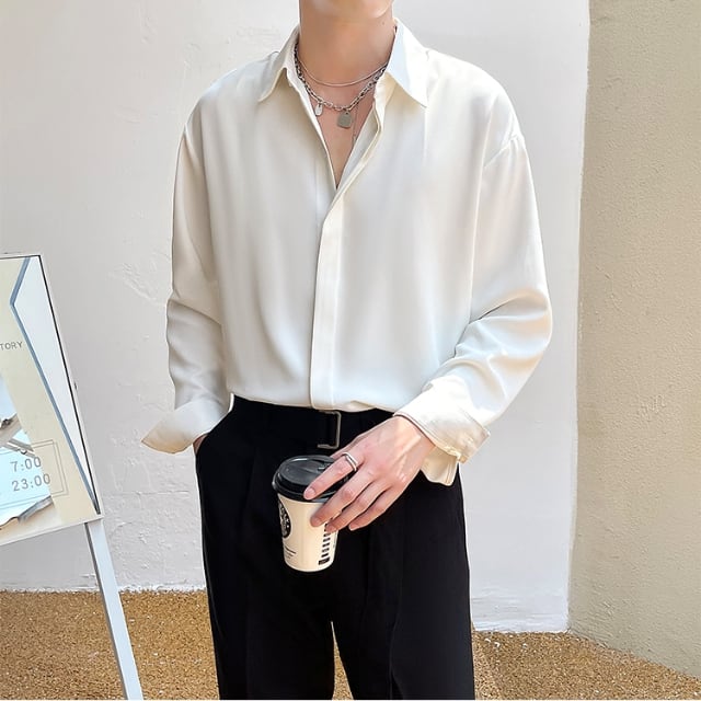 【予約販売】シャツ 長袖 シンプル 無地 ベーシック モノトーン メンズ ホワイト ブラック ベージュ カジュアル シック 結婚式 フォーマル こなれ感 お洒落 韓国 トレンド 春 秋 M/L/XL/2XL