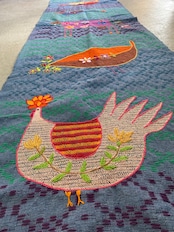 刺繍マルチカバー ロング大 ブルー 鳥と牛モチーフ