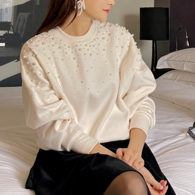 きらりパールで、シンプルに華やぐ♡パールスウェットトップス (2color)