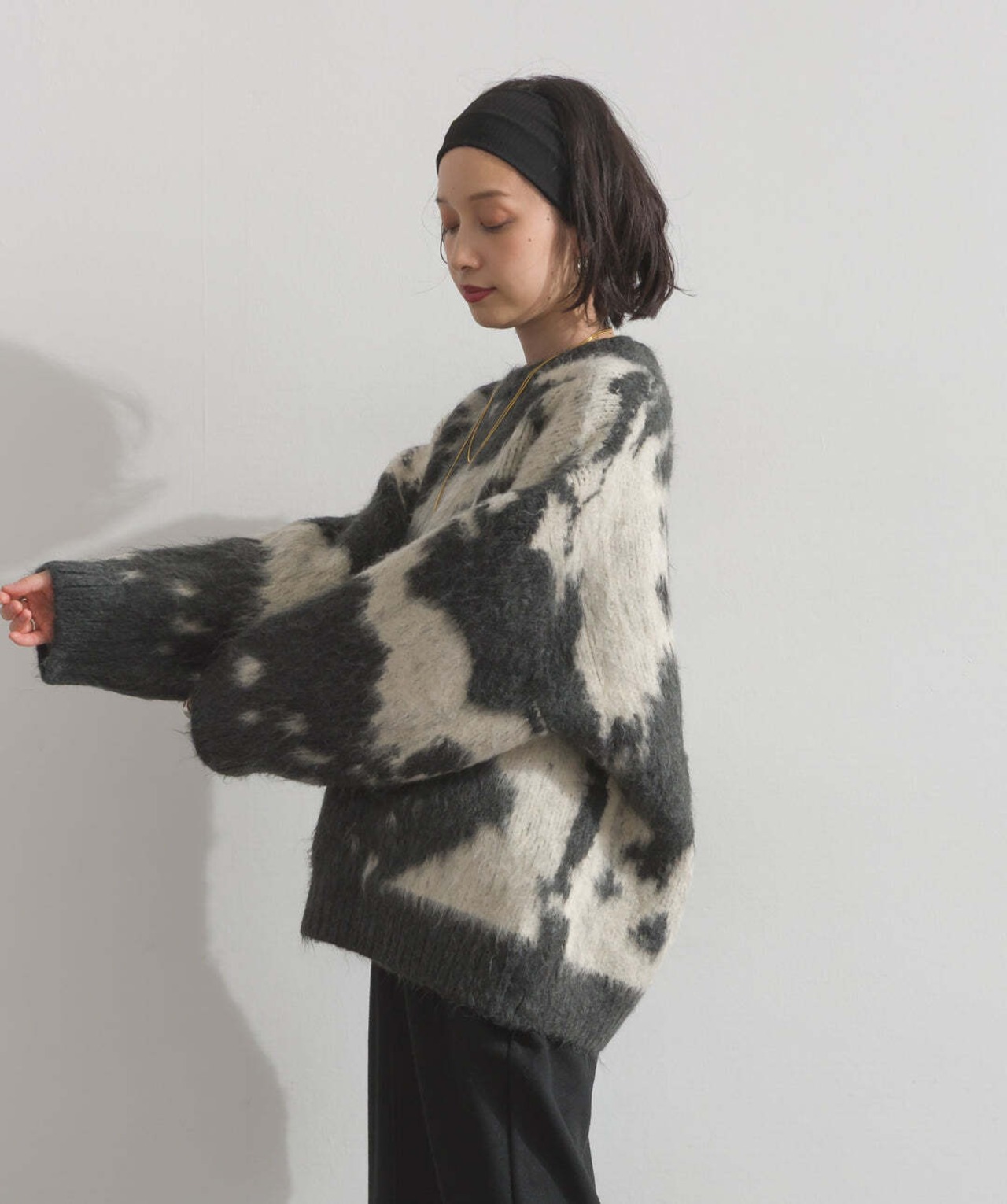 HD2510057  モヘアタッチタイダイ柄オーバーサイズニットプルオーバー D.gray
