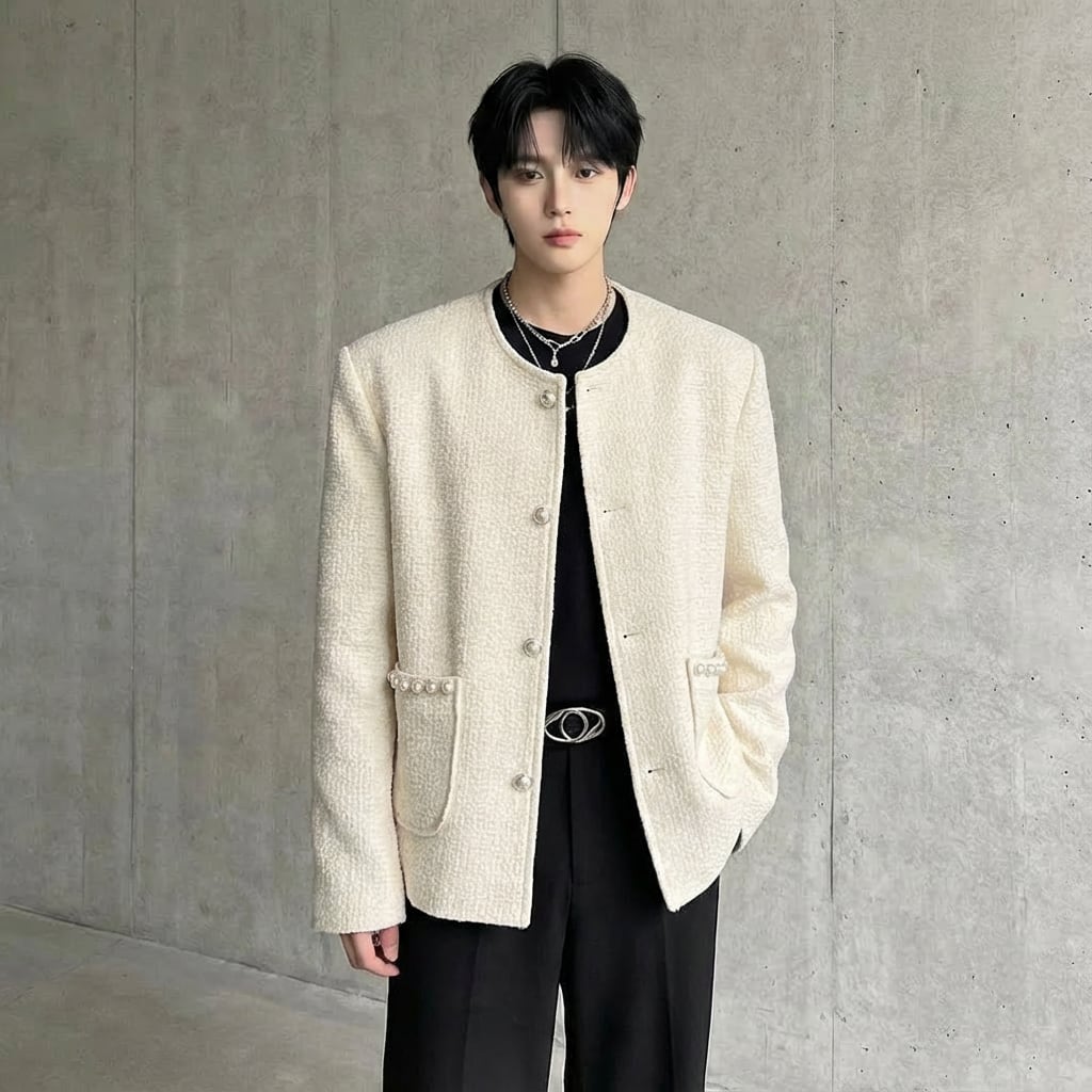 パールトリム ツイード調ノーカラージャケット 2カラー D12062