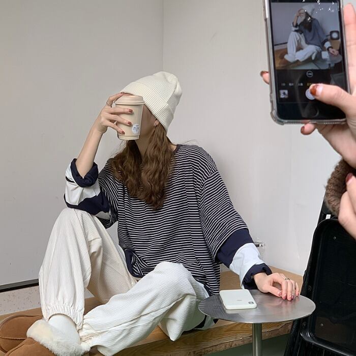 ストライプTシャツ スプリングルーズトップス ロング 春物 モンロー49814214084