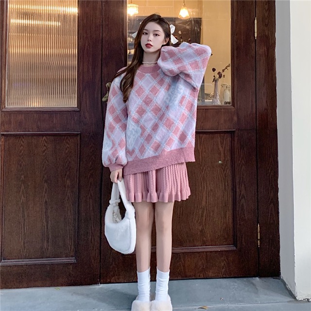 セーター スタンダードジャカード格子柄ルーズスタイルプルオーバー コート ジャケット レトロ ブラックストロベリース74764334583