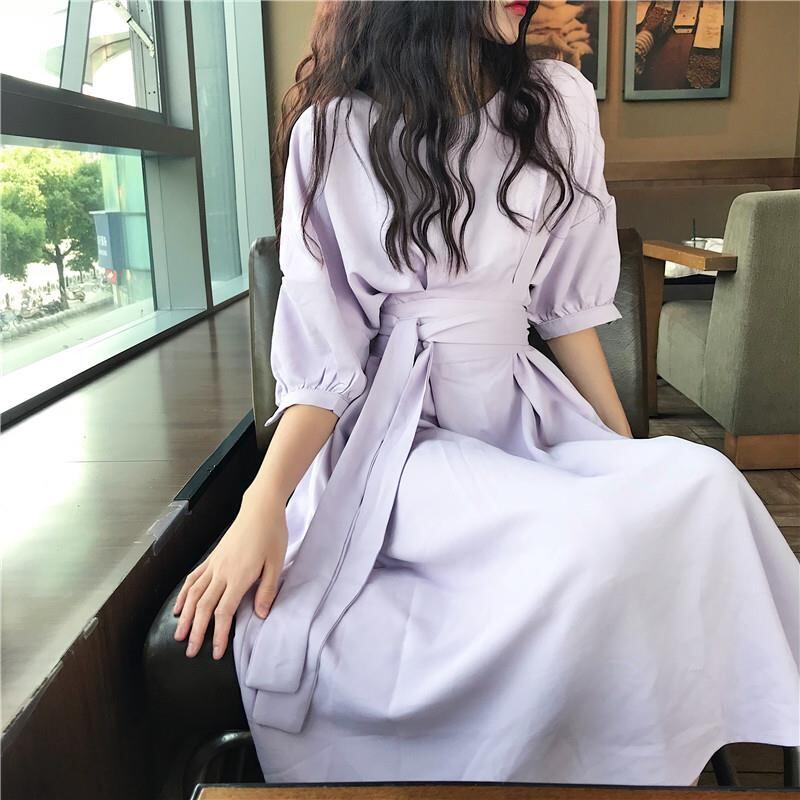 ワンピース レディース ロングワンピース ロング丈 半袖 五分袖 ラウンドネック ハイウエスト Aライン ウエストマーク ウエストリボン かわいい 大人可愛い シンプル カジュアル おしゃれ お洒落 クール ストリート おとな ナチュラル こなれ感 キュート ガーリー 抜け感 爽やか 主役級 存在感 無地 学生 デート お出かけ 女子会 散歩 S M L XL イエロー アプリコット パープル 春 夏 10代 20代 30代 40代 韓国 着回し 普段使い 体型カバー コーデ スタイル モテ 送料無料