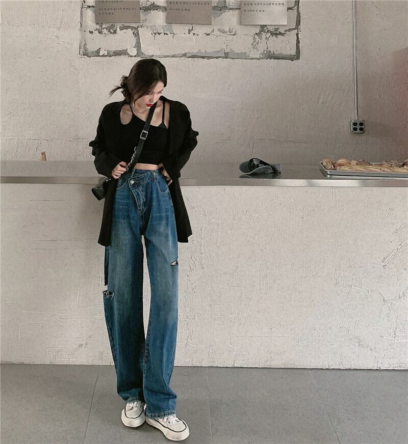 不規則なスプリットリップドジーンズレディース秋のハイウエストルーズワイドレッグパンツドレープストレートオールマッチパンツ ブラックストロベリース25429315251