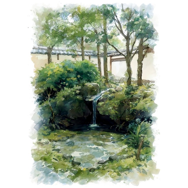 絵画 風景画(街並み) 日本 兵庫県 姫路市 好古園 インテリアアート額付き 水彩画・油絵風 WAT1588