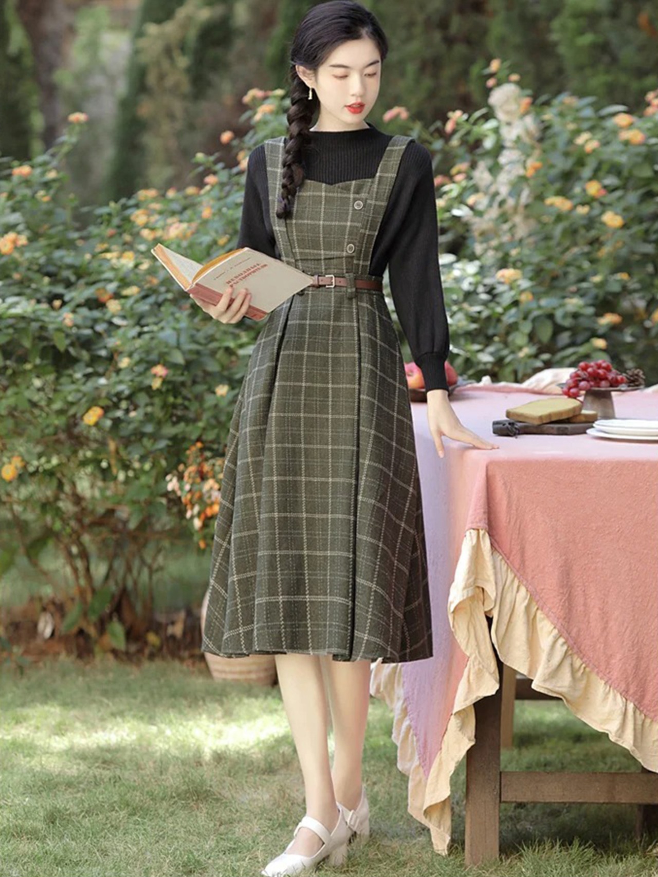 【0221】Knit Check Jean Skirt Long Sleeve 2 Piece Set