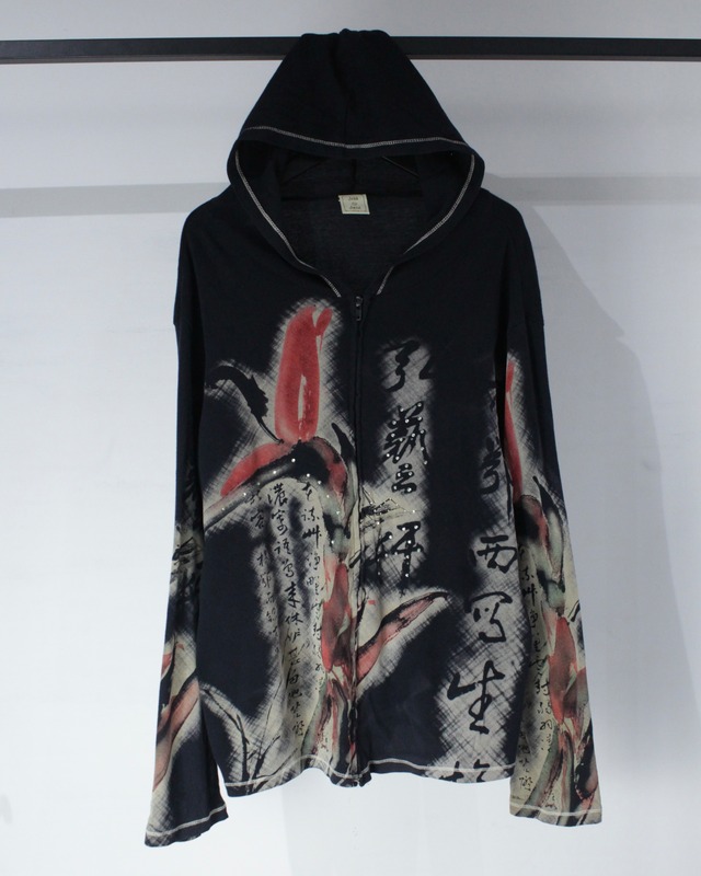 【Caka BLACK】Artistic Graphic × Rhinestone Decoration Zip-Up Hoodie