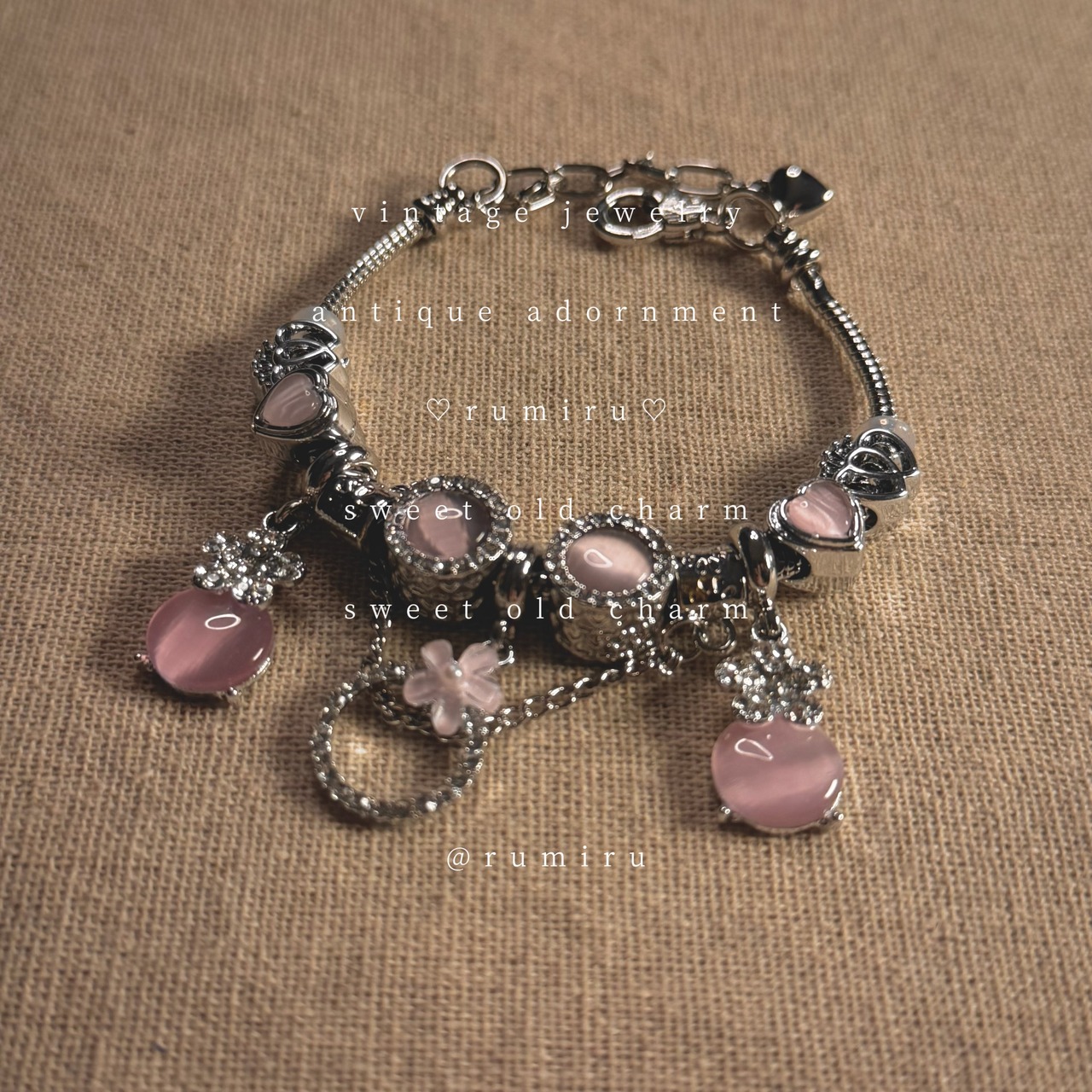 ハンドメイド ローズピンクストーン パール×フラワー アンティーク ブレスレット - 2