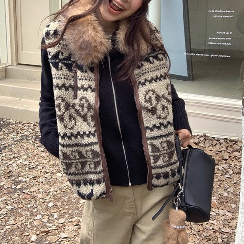 【2点セット】フェアアイルボアジップベスト＋ファーカラージップカーデ ・73239