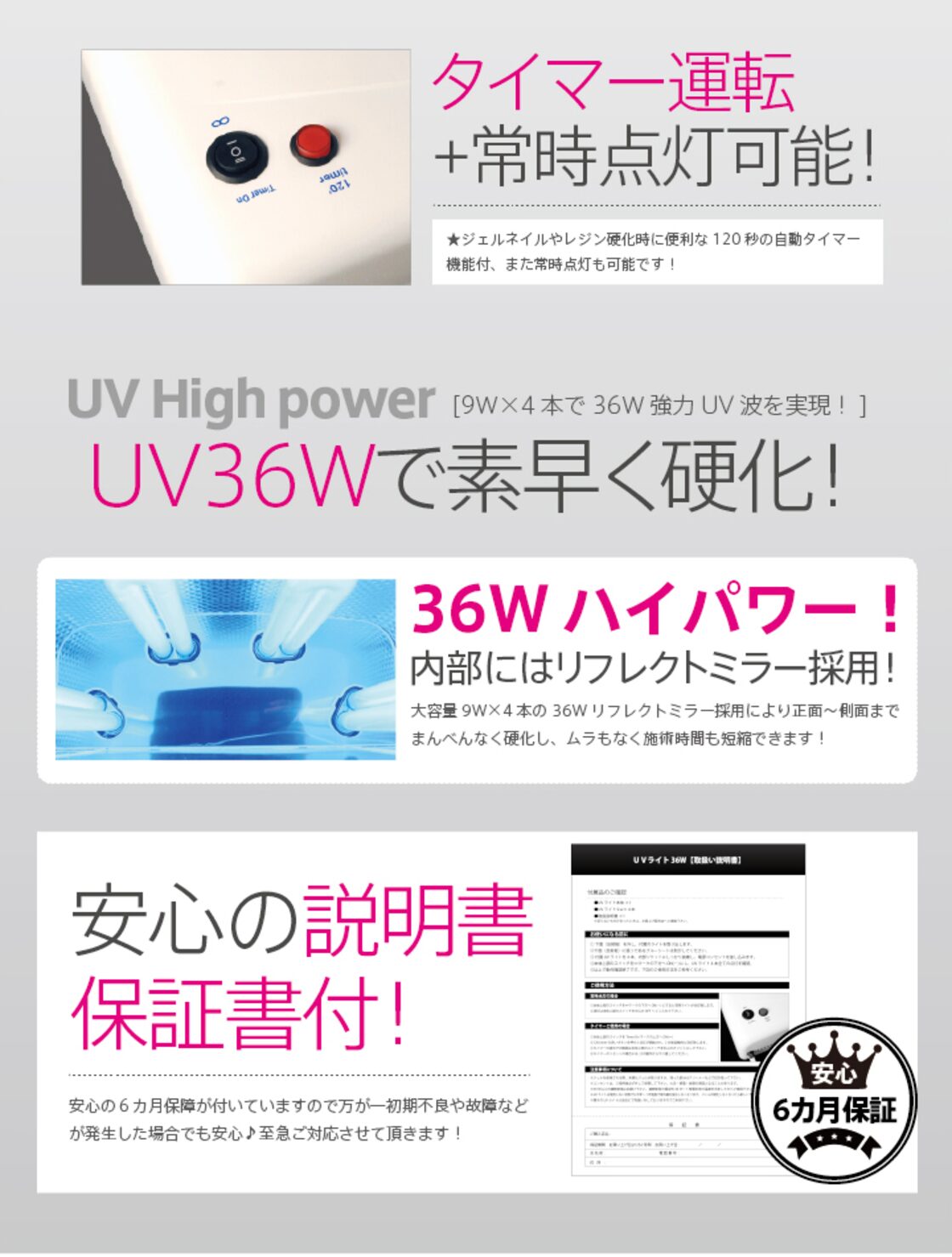 UVジェルネイル・UVクラフトレジン UVライト 36W 【取扱説明書・6ヶ月 