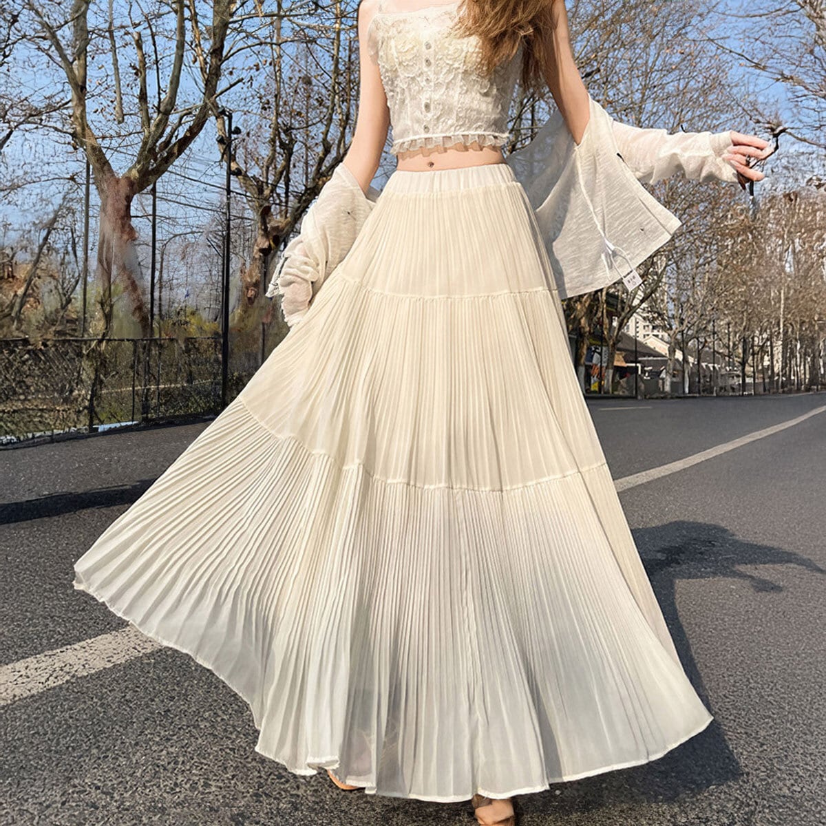 ロングスカート プリーツスカート シフォン ティアード きれいめ A