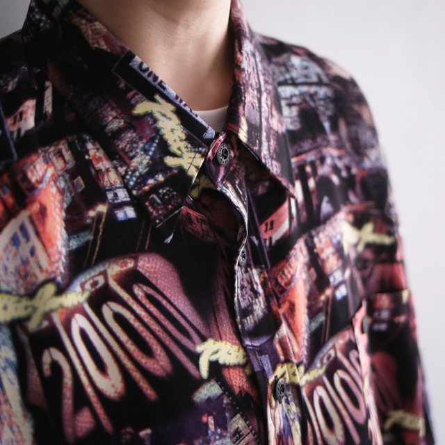 neon color night city culture pattern loose h/s shirt