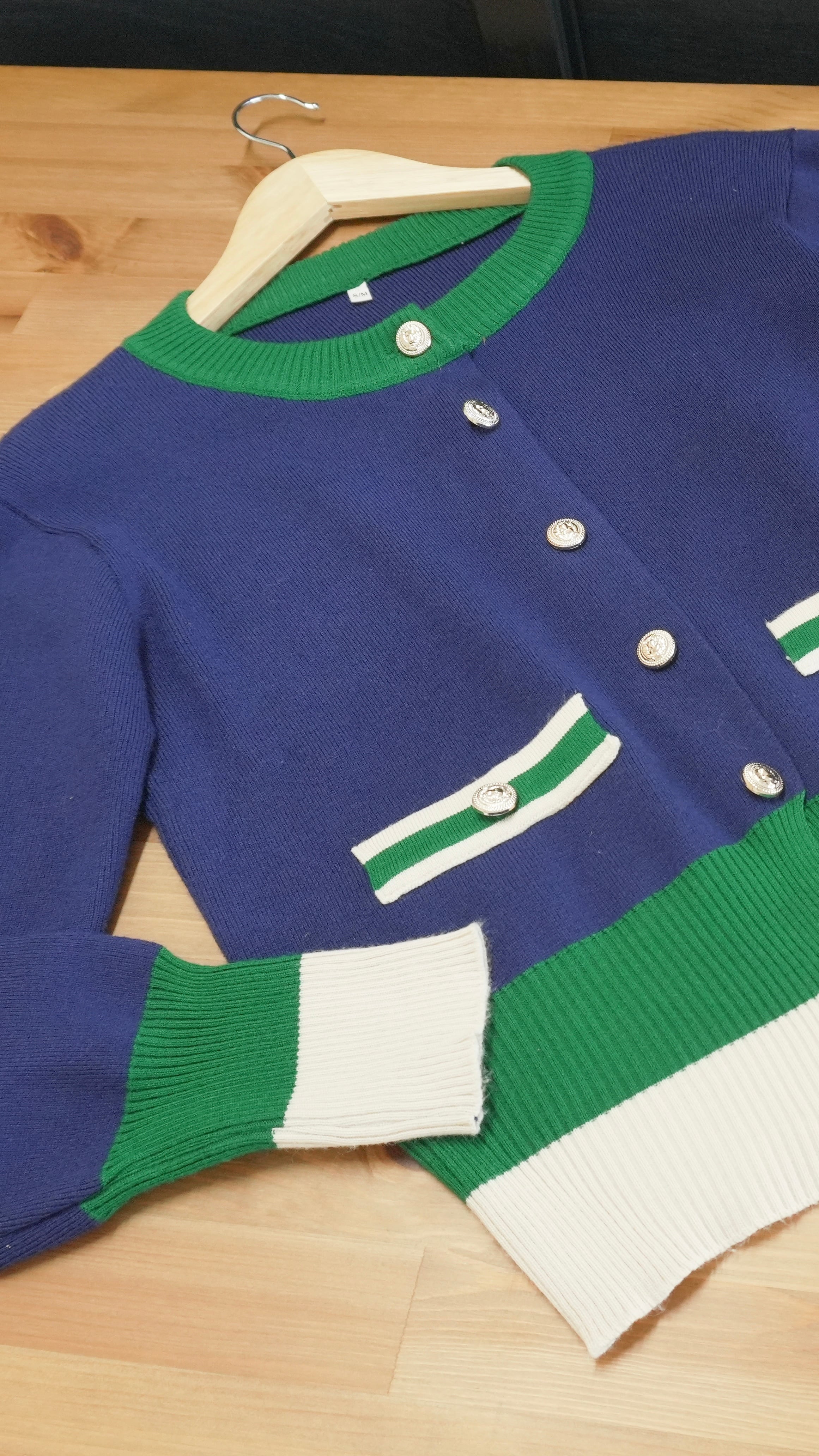 Color Block Knit Cardigan|ブルー×グリーン 配色ニットカーディガン