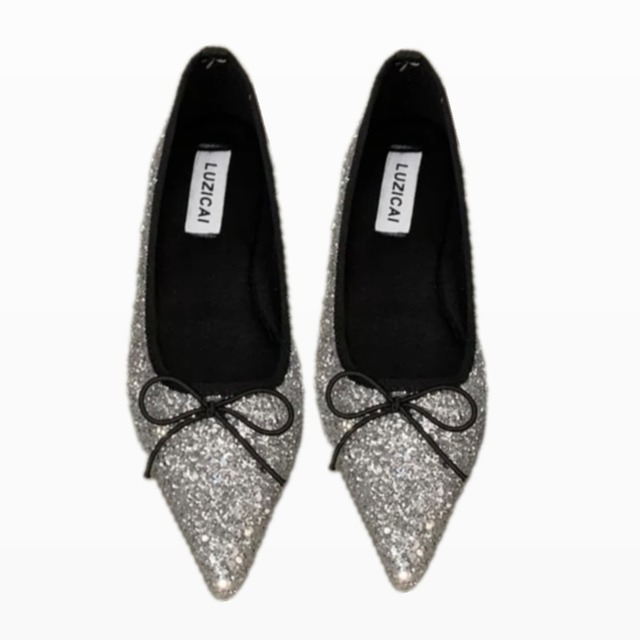 glitter ribbon flat pumps ［2color］