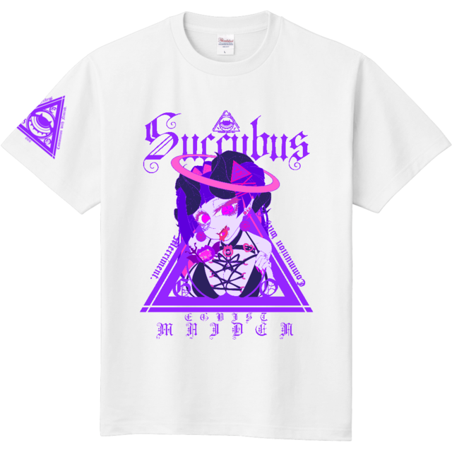 サキュバス Tシャツ ホワイト ブラック 袖プリント 半袖 ブラック ホワイト 地雷系 サブカル メンヘラ 病みかわいい 病み 個性的 女の子 レディース メンズ 原宿系 奇抜 エゴイスト乙女 地雷系 量産型に合うシャツやアイテム ハンドメイドリボン ゆるいシャツなど