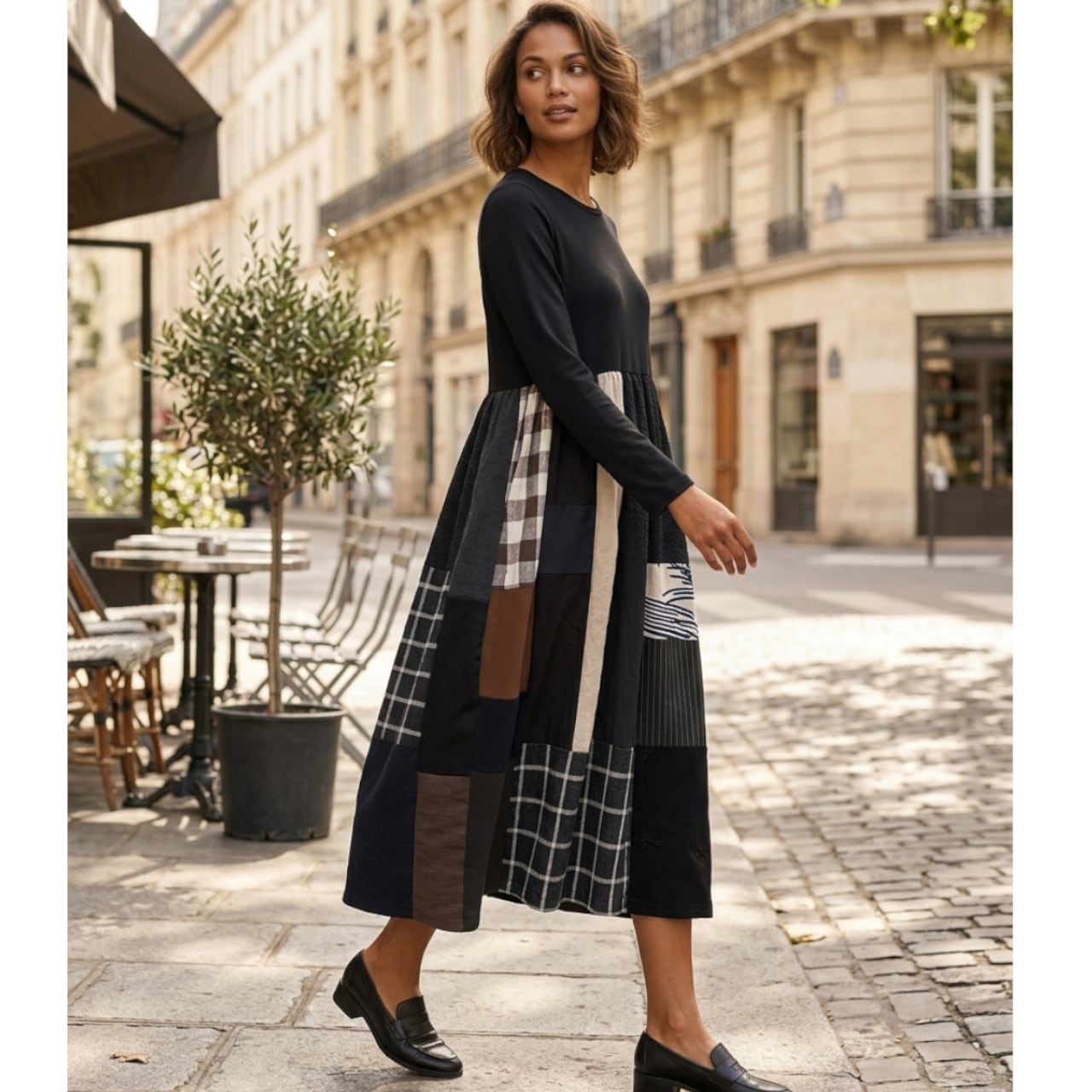 WENDYTRENDY パッチワーク切替ワンピース|長袖・ゆったりシルエット・異素材ミックス・ナチュラルモード・体型カバー