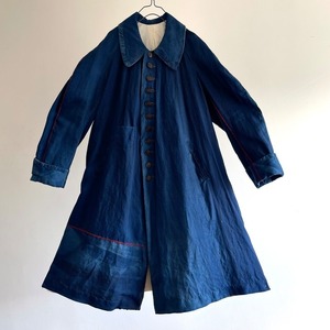 Vintage French  Indigo Dyed Linen “Villette” Fabric Made Stitch Raglan-sleeve Coat