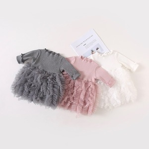 【outlet】【70cm】【グレー.ピンク】ワンカラー長袖チュールワンピース