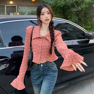 トップス レディース 長袖 2色 カーディガン リブ 短め ショート丈 イレギュラーヘム パフスリーブ ジャガード カーディガン クロップド丈 ショート丈 セクシー アシンメトリー ジャガード フレアスリーブ 襟付き Vネック 可愛い 大人 おしゃれ お出かけ ランチ 女子会 お泊り デート 休日 運動 スポーツ1 0代 20代 30代 40代 カッコいい ベーシック タイト きれいめ グレー ピンク ワンサイズ 送料無料