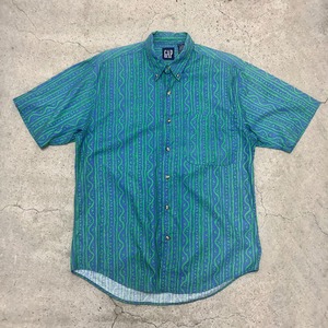 90s OLD GAP/Multi print BD s/s Shirt/M/Hong Kong製/総柄/半袖ボタンダウンシャツ/ネイビー/グリーン/ギャップ