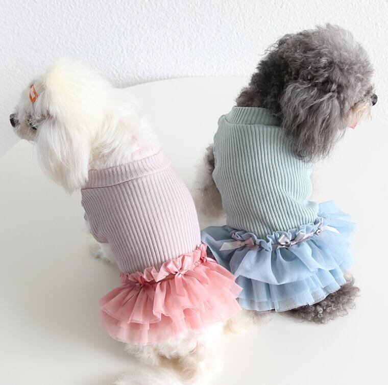 ドッグウェア リブニットリボン付きチュールワンピース ブルー 犬服