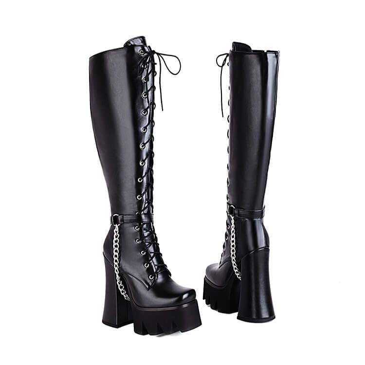 チャンキーヒールチェーンレースアップロングブーツ14cm | 厚底