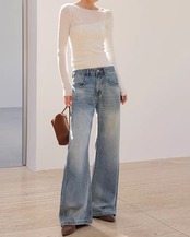 Patch Pocket Wide Leg Full Length Denim Pants     L0042