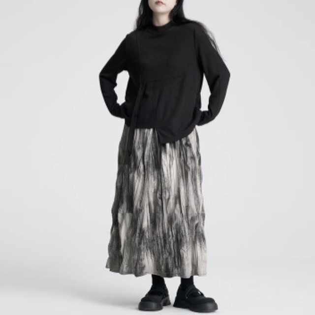 Pleated thick fabric long skirt C0603