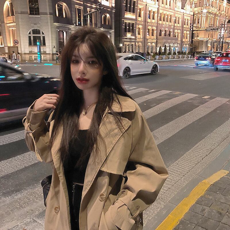 英国スタイルのカーキ色の小さなスーツのトレンチコートの女性の2020年秋新しいミドル丈のコートジャケット ブラックストロベリース92092454167
