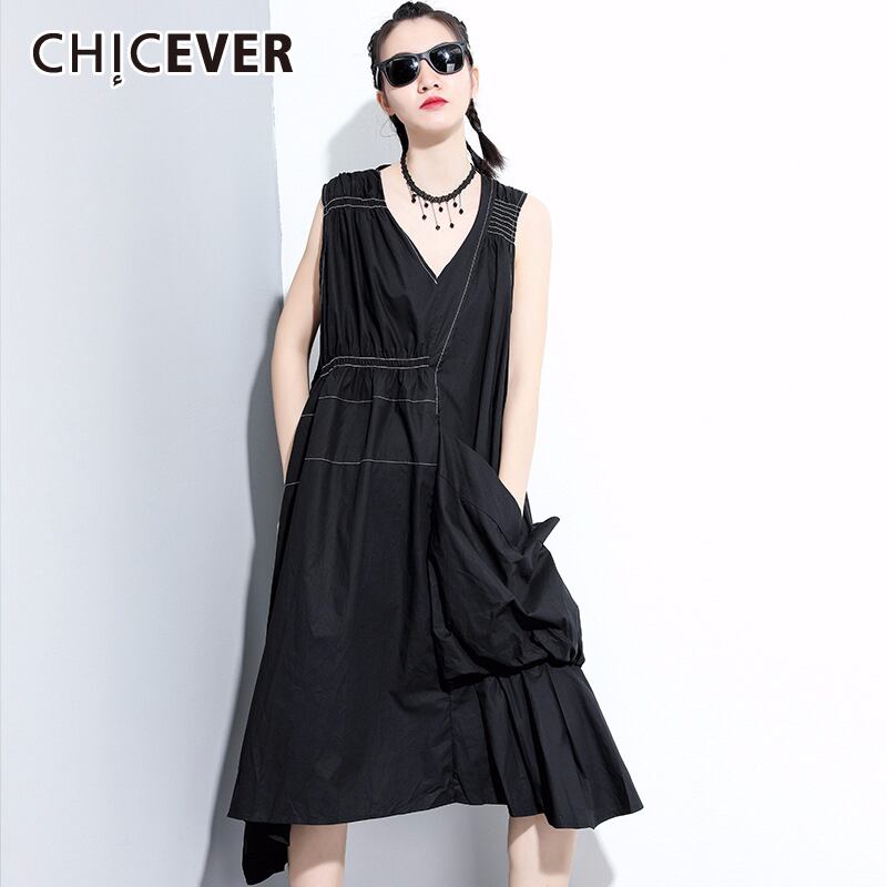 CHICEVER不規則なパッチワークの女性のドレスVネックタンクノースリーブシャーリングサマードレス服2020 夏物 6base553560115785