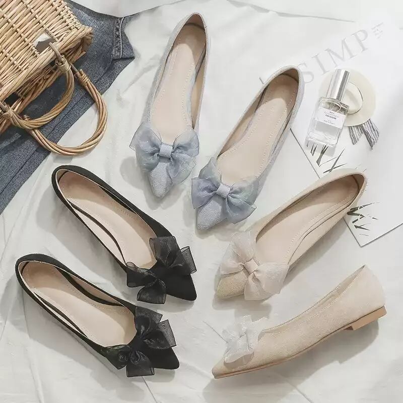 フラットシアーリボンポインテッドトゥパンプススウェード A0134